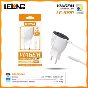 Carregador Para Iphone Com 2 Portas USB Lelong 5.1A LE-519P